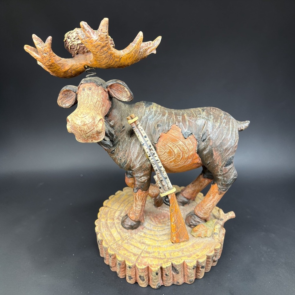 Whimsical Rustic Moose Figurine with Rifle and Bird Nest Cabin Decor Decor VTG‎